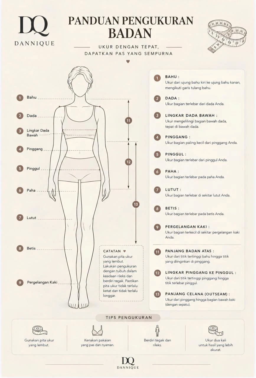 Panduan pengukuran badan DANNIQUE: titik ukur bahu, dada, lingkar dada bawah, pinggang, pinggul, paha, lutut, betis, pergelangan kaki, panjang badan atas, pinggang ke pinggul, dan panjang celana